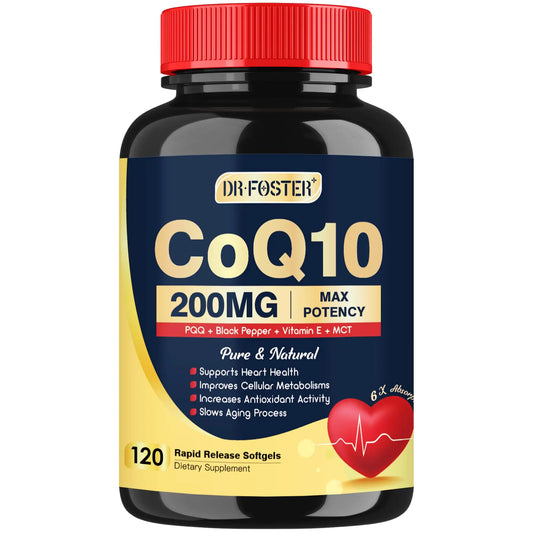 DRFOSTER Coq10 200mg Co q 10 Supplement for Heart Supports & Energy Production 6X High Absorption with Vitamin E & PQQ & Black Pepper Extract Coq10 200mg Softgels Coq10 120 Servings